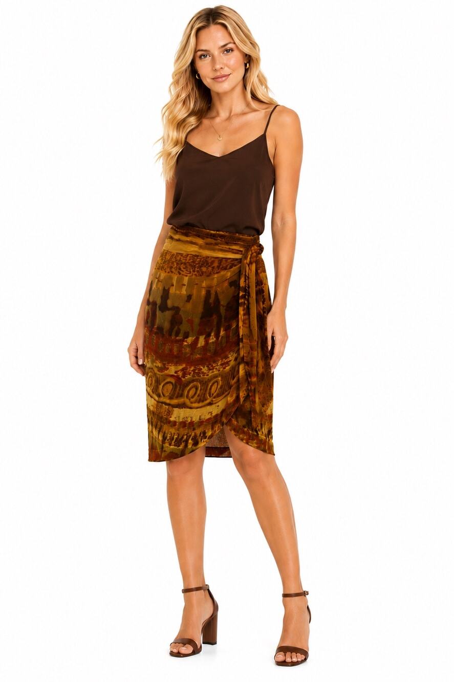 Vintage Y2K Avenue Brown & Orange Abstract Print Side Tie Knee Length Wrap Skirt